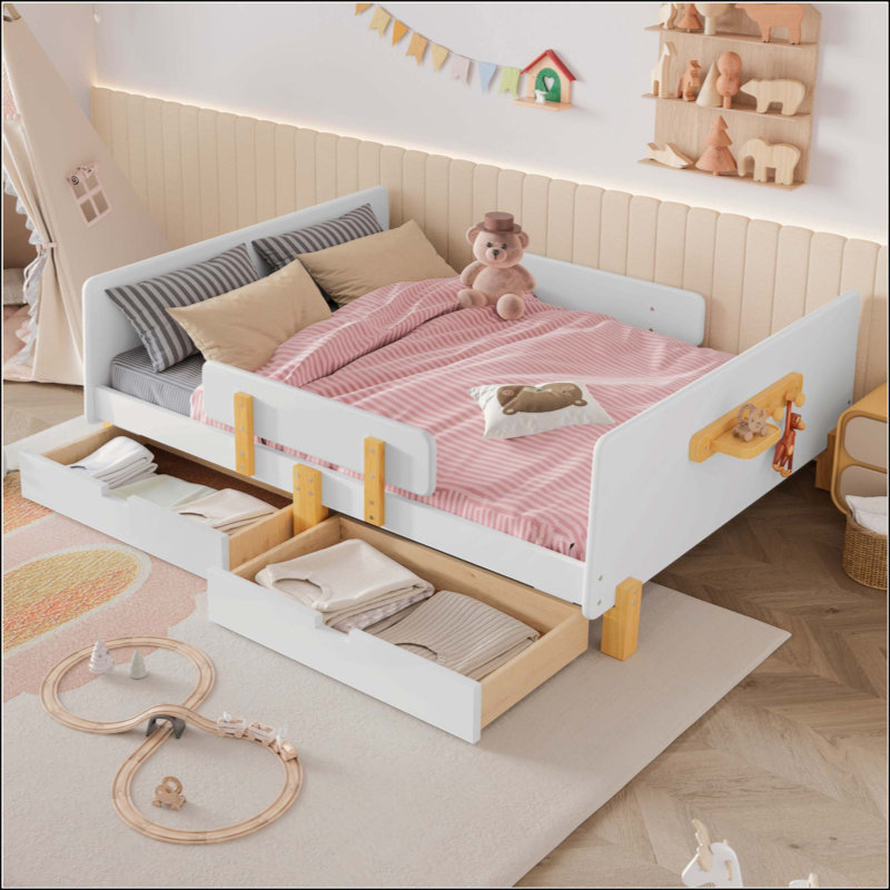 Lit plateforme avec tiroirs de rangement, structure de lit en bois massif avec garde-corps, petite tablette et crochets, aucun sommier nécessaire