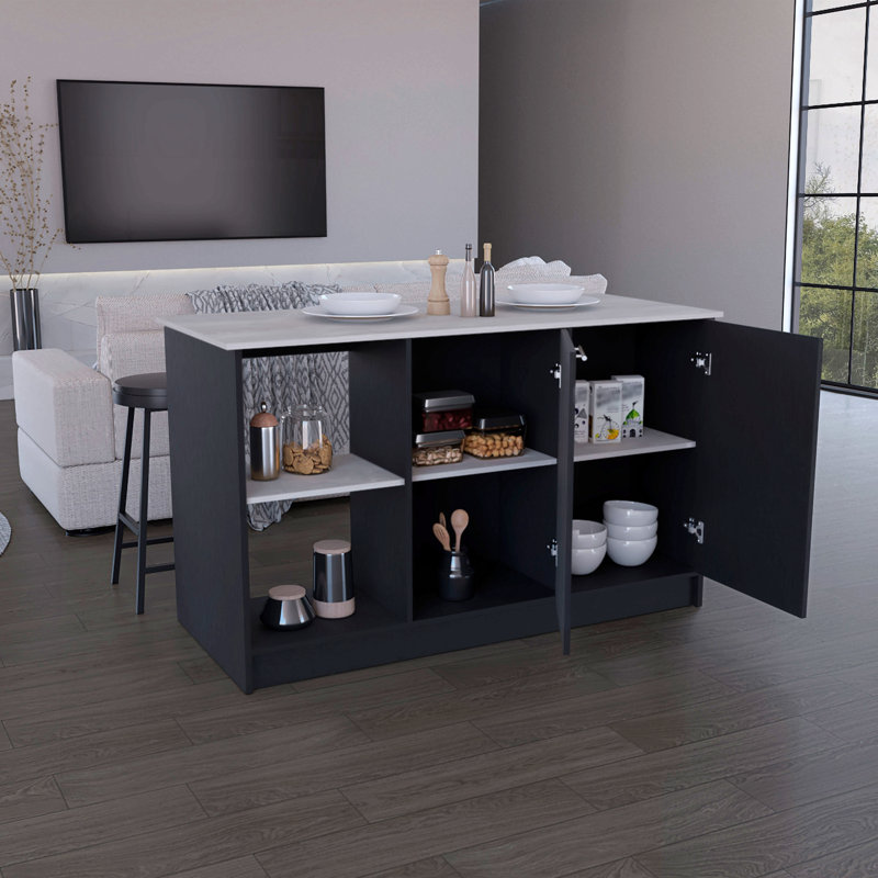 Îlot de cuisine avec grand comptoir, tablettes de rangement ouvertes et armoire à deux portes, noir