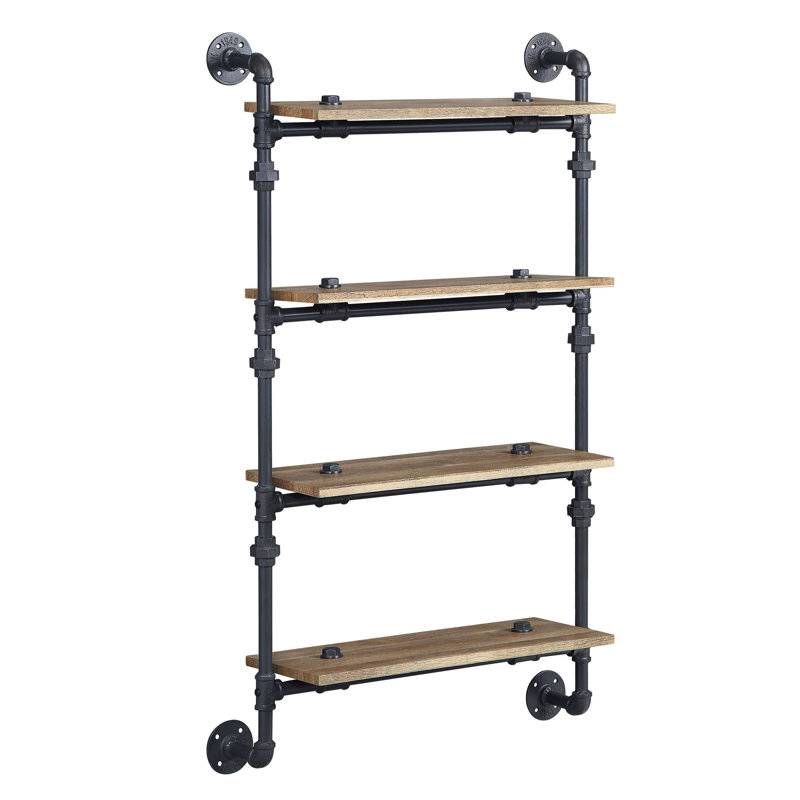 Support mural à 4 tablettes dans un cadre en métal à niveaux, de style conduite d'eau, finition chêne et noir sablé, placage, dimensions de l 23 po x l 9 po, espacement de 12 po, 10 lb par niveau avec les tablettes, profondeur, espace, chargement
