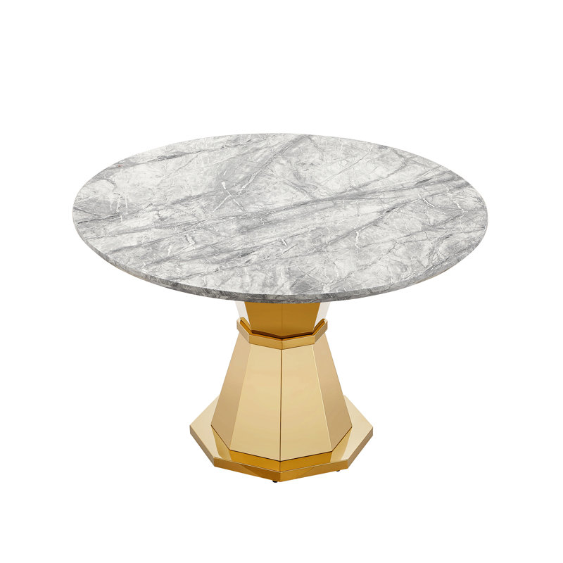 Table de salle à manger ronde de 47 po, table de cuisine moderne avec plateau de table ultrabrillant et base en acier inoxydable pour la salle à manger et la cuisine