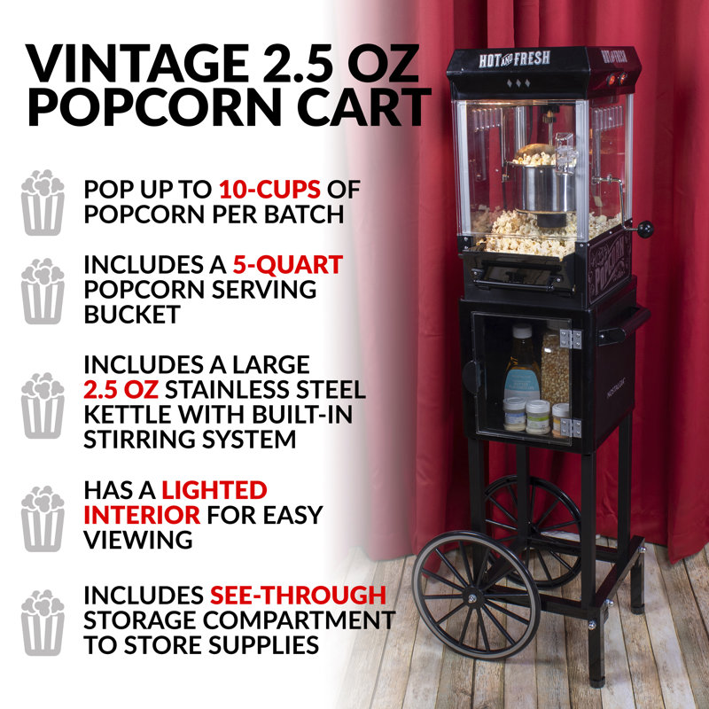 Nostalgia Vintage 2.5-Ounce Kettle Popcorn Cart, 10 Cups, With Kernel Cup & Oil Measuring Spoon