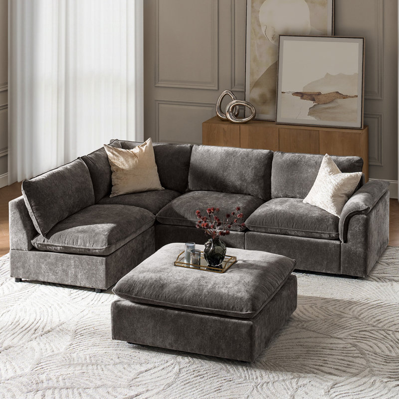 Cioffi 114"W Oversized L Shaped 5 Piece Modular Cloud Sectional Sofa with Removable Cushion Cover, Gray Polyester