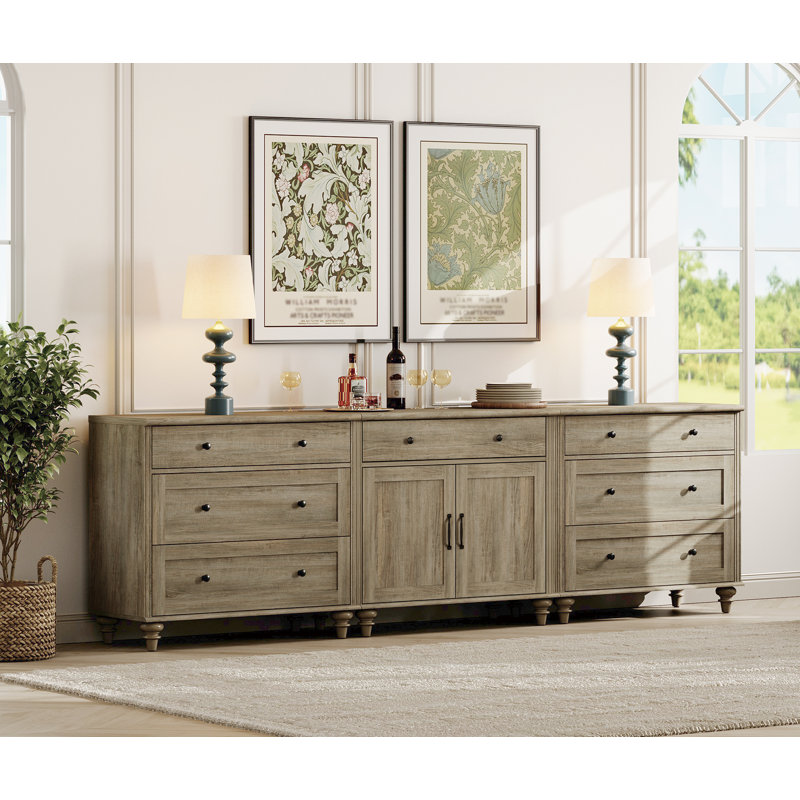 Sideboard Buffet Cabinets With 2 Wood Doors And 8 Drawers, Farmhouse Sideboard Credenza For Dining Room, Modern Large Storage Cabinet For Living Room, Wash Grey, 102 Inch