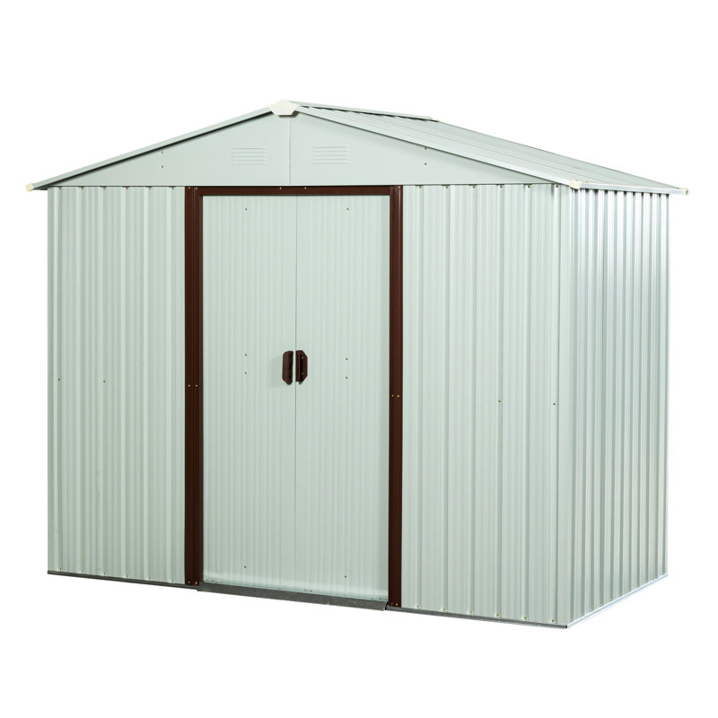 8Ft X 4Ft Metal Storage Shed With Corrosion Resistance And Hooks Outdoor Protected Steel Anchors, White