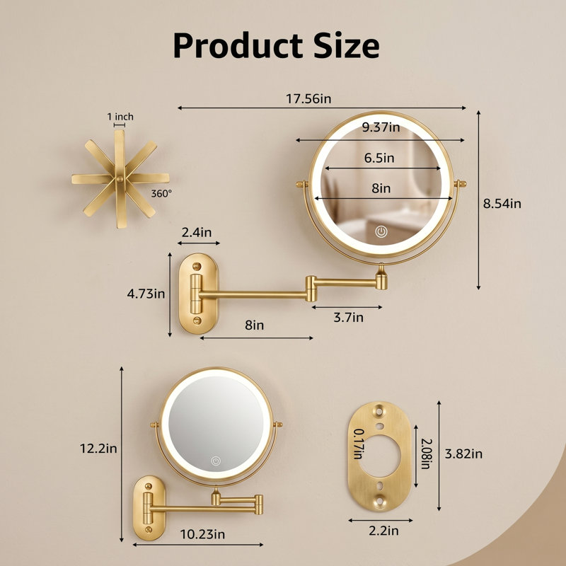Miroir de maquillage à DEL, 10, Gold