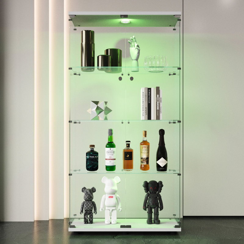 4 Shelves Glass Display Cabinet With Two-Door And Led Lights - For Living Room, Bedroom, Lounge 64.7"*31.7"*14.3", White Tempered & Black Frame 2 Doors For Work Area, Room 64.7"*31.7"*14.3" Stable