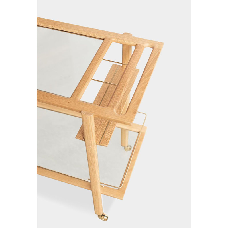 Solid Wood Bar Cart with Wheels, White Oak/Brass