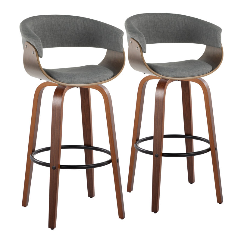 Archaimbaud Swivel Upholstered Counter Stool, Walnut Wood/Black, Light Gray, Bar Stool (29” Seat Height)