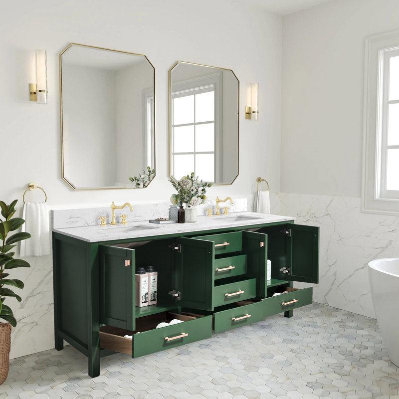Meuble-lavabo moderne avec lavabos doubles et rangement, Vert / or brossé, 72"