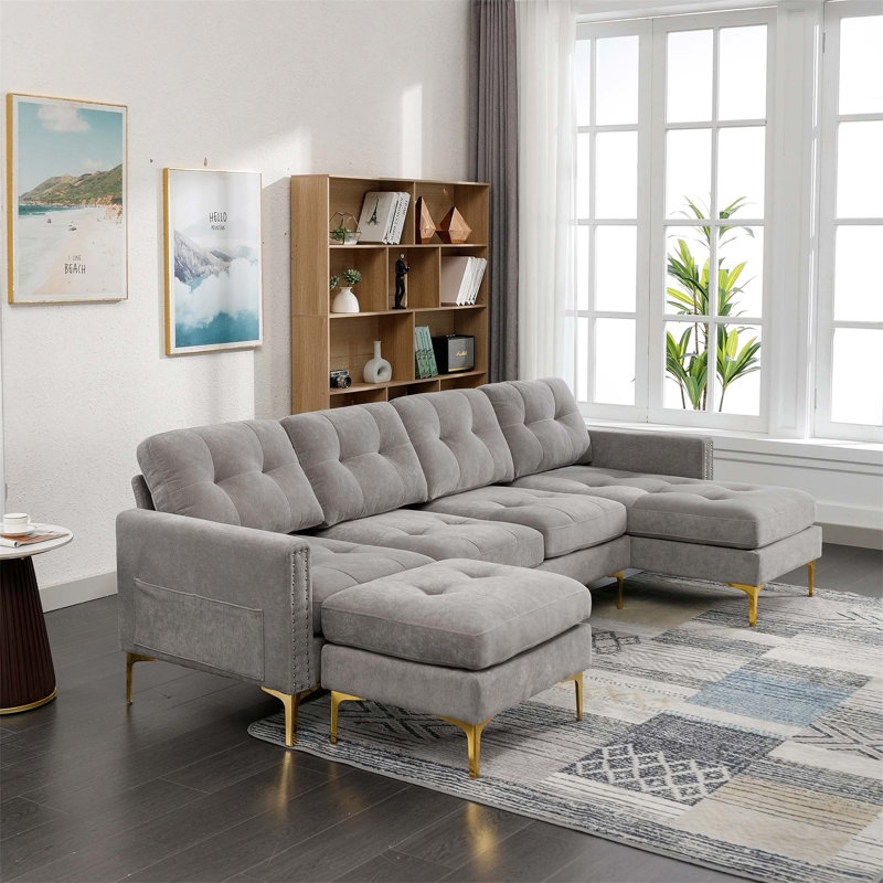 Canapé modulaire convertible en L 110 po, Velours bleu, Doré