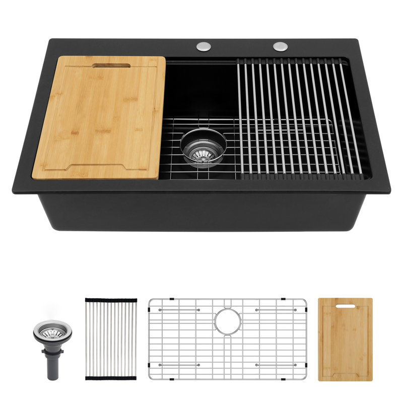 Évier de cuisine à montage sur plan en quartz 33 po x l 22 po, évier de cuisine en granite à simple cuve en composite avec grille d'évier, crépine, planche à découper et support à enrouler