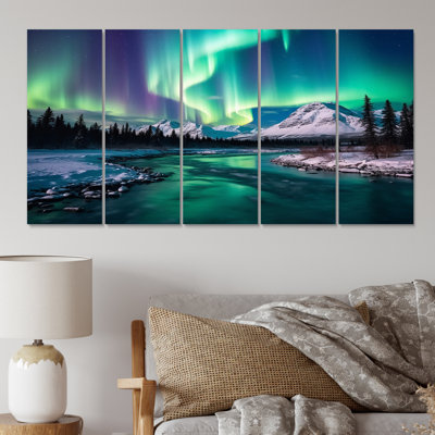Northern Lights In Stunning Arctic Mountains I - Northern Lights Canvas Print - 5 Equal Panels