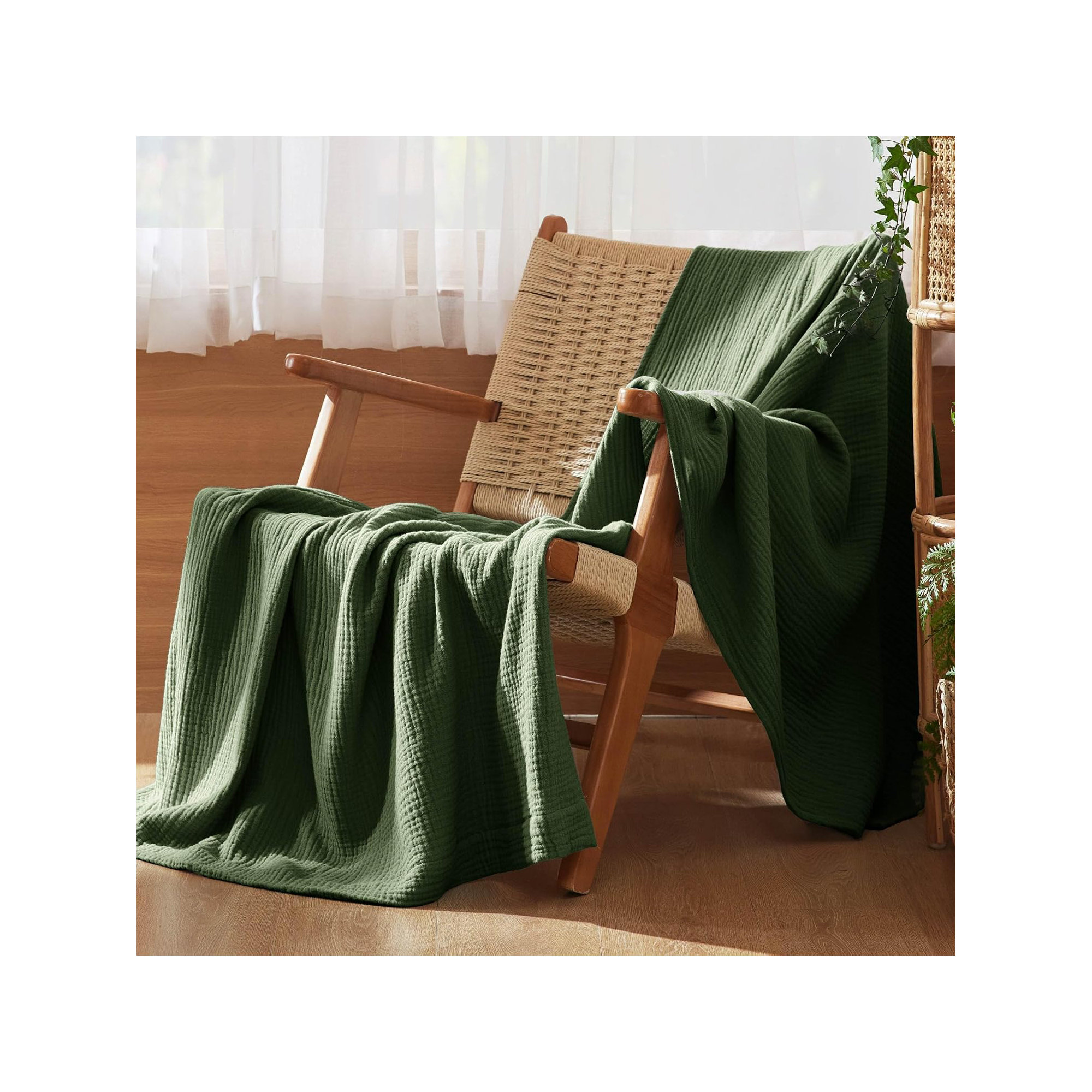 Bedsure 200gsm 100% Cotton Lightweight Muslin Blanket GentleSoft™️for Spring & Summer, Olive Green, King