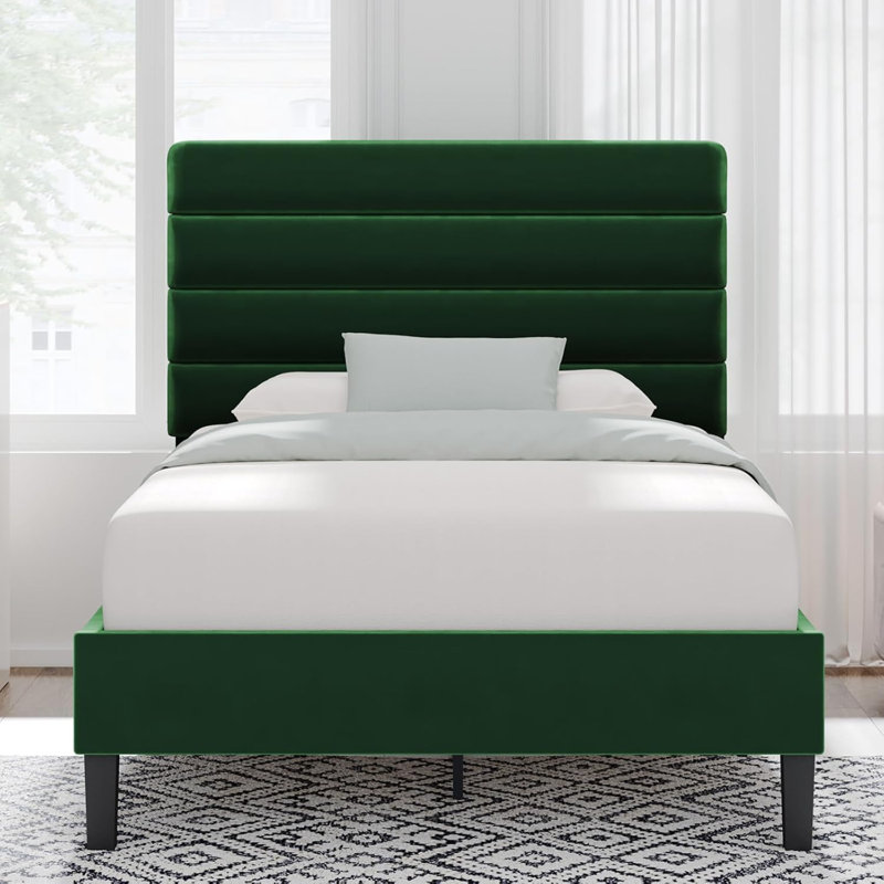 Bed frame with headboard, platform bed frame with velvet upholstered headboard and channel design, Twin, Green