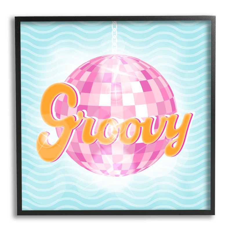 «Groovy Retro Disco Ball Stripes On Wood» par Martina Pavlova, impression, H 12 po x l 12 po, Giclée encadrée noir minuit