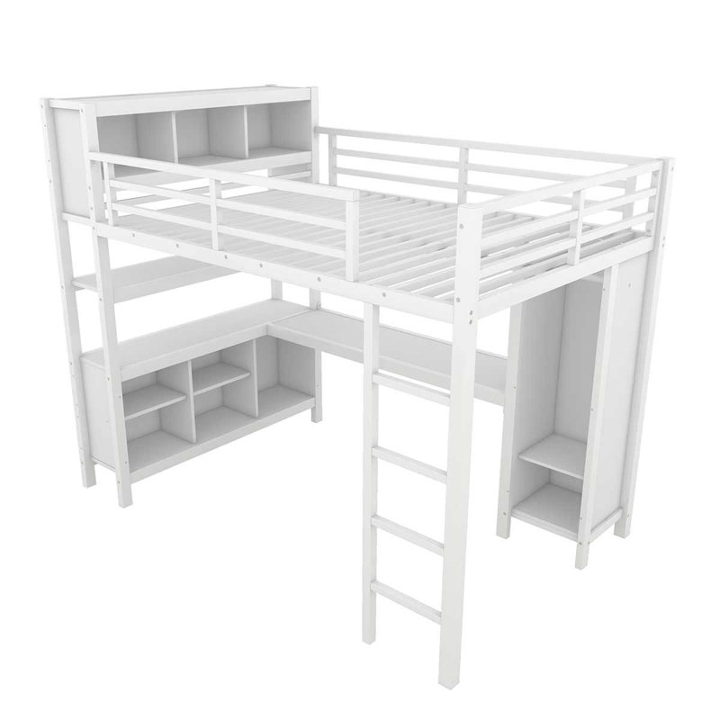 Lit mezzanine en métal avec garde-robe et bureau en L, lit mezzanine avec cubes de rangement pour enfants, adolescents, adultes
