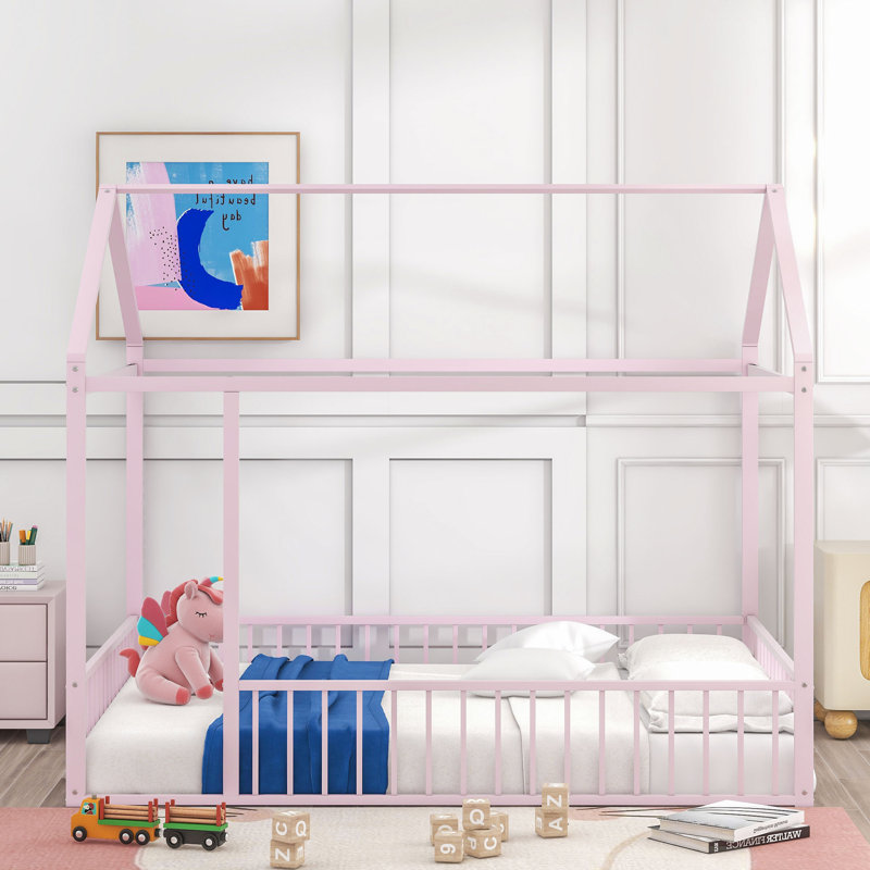 Metal Bed House Bed Frame With Fence, For Kids, Teens, Girls, Boys, Full XL, Pink