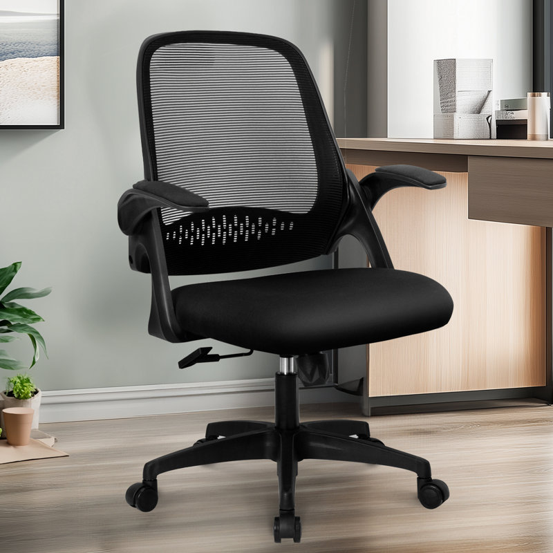 Ergonomic Mesh Home Office Chair with Armrests, Space-Saving Design, Black, Plastic