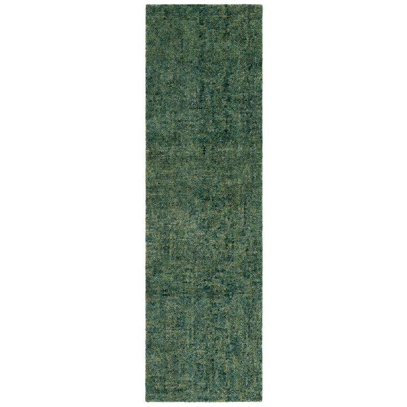 Gabbeh Hand Tufted 20% Cotton/80% Imported Handspun Wool No Pattern Area Rug in Green, Runner 2'3" x 8'