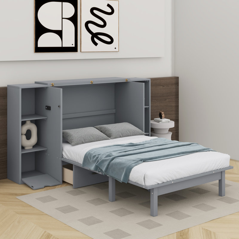 Grand lit escamotable avec tablettes, tiroirs et port USB, Gris