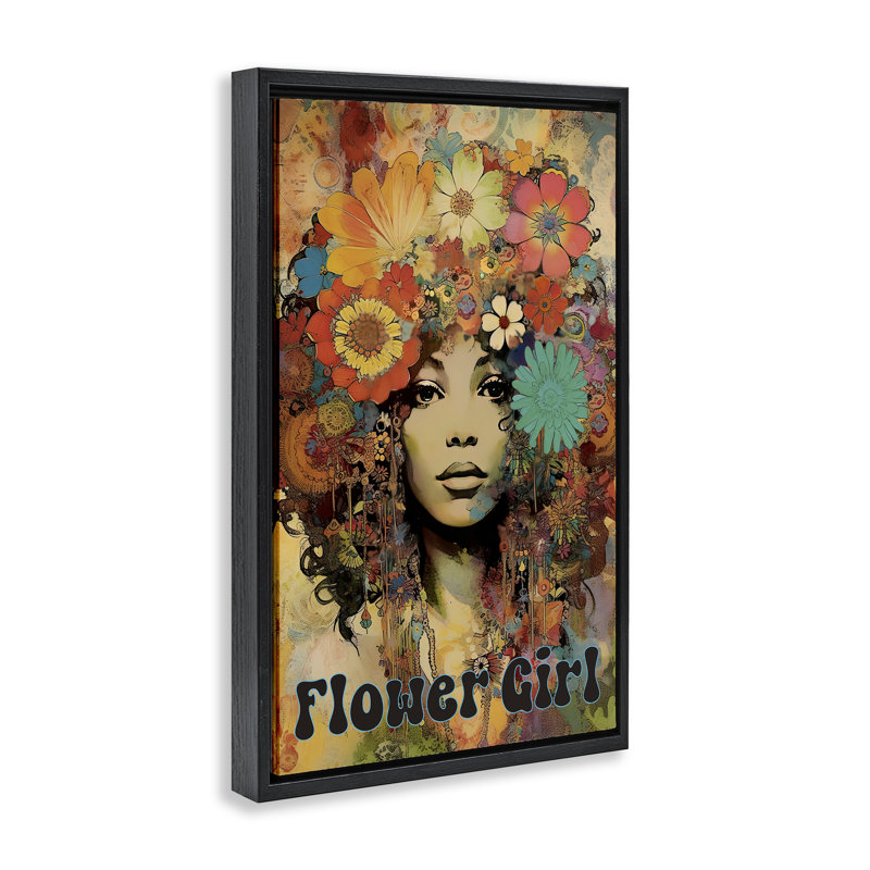 Bohemian Flower Girl Floating Frame, design by Sasha, Jet Black Floater Frame, 25" H x 17" W