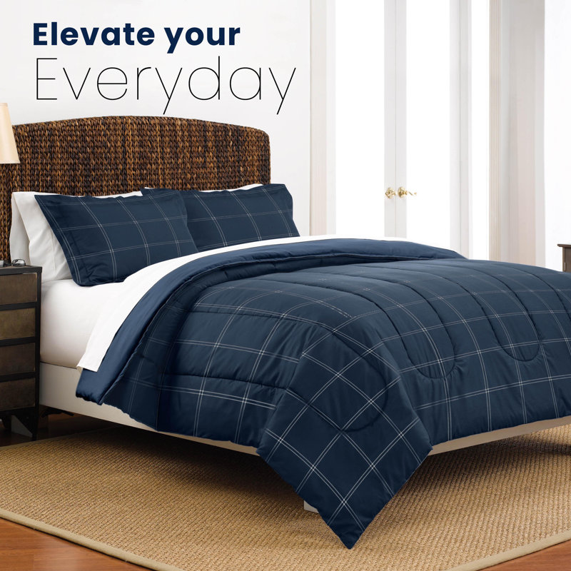 Martex Solid Color Reversible Comforter and Sham Bedding Set Super Soft Brushed Fabric, Navy Check