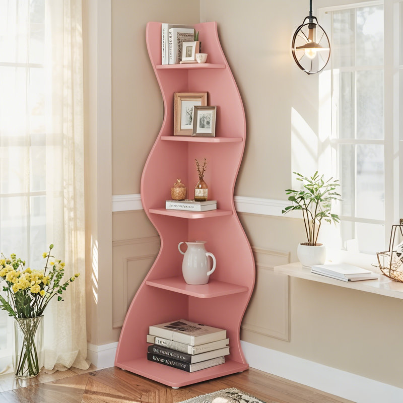 （1 Pieces ）5-Tier Corner Shelf Bookshelf Bookcase For Living Room  , Pink, 1  