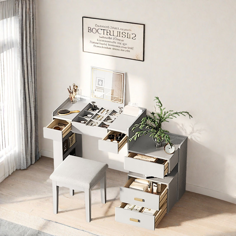 Bureau de coiffeuse 3 en 1 avec miroir rabattable, éclairage à DEL, tiroirs, compartiments de rangement du milieu et tablette à 3 couches