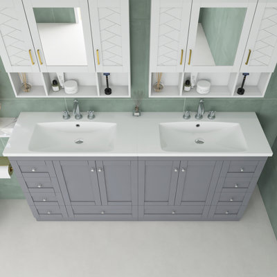 Meuble-lavabo autoportant de 72 po de style shaker gris avec lavabo en résine, portes et tiroirs à fermeture en douceur, fabrication en bois aggloméré massif