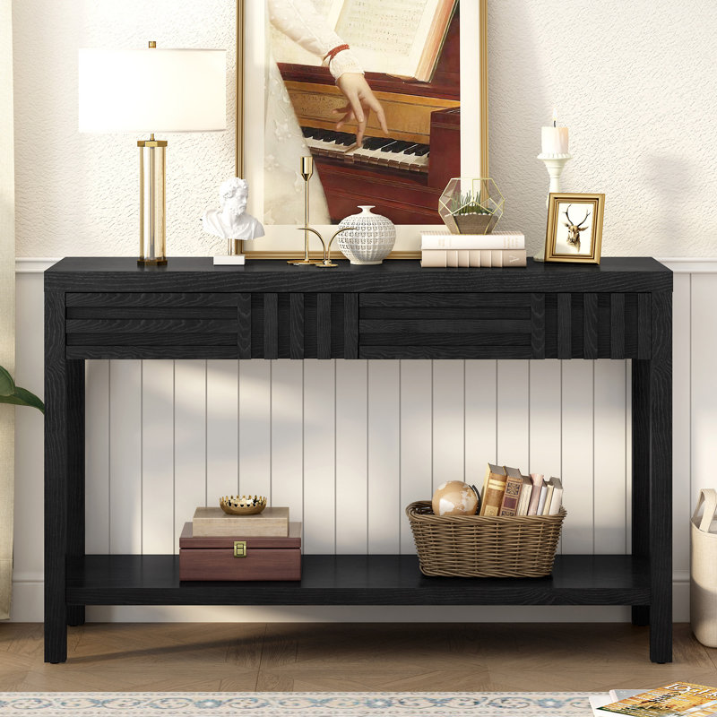 Modern Ash Veneer Console Table, Classic Striped Design, With 2 Drawers & Open Shelf, Perfect For Living Room, Hallway, Entryway, Study Room