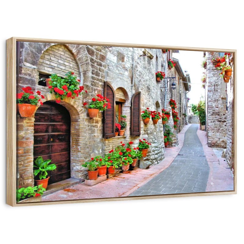 Rue italienne pittoresque, Cadre flottant en bois naturel, 37 po x 25 po