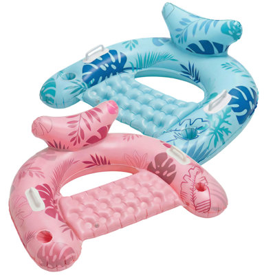 2pcs Inflatable Pool Float Chair With Cup Holder & Headrest, U-Shaped Water Lounge Raft For Swimming Pool Beach Party, Leaf Blue And Pink