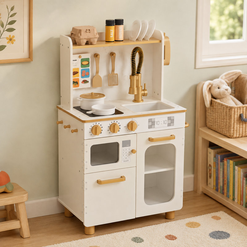 Cuisine pour enfants Teamson Kids Little Chef Memphis avec 16 accessoires et jouets interactifs, Blanc / Doré