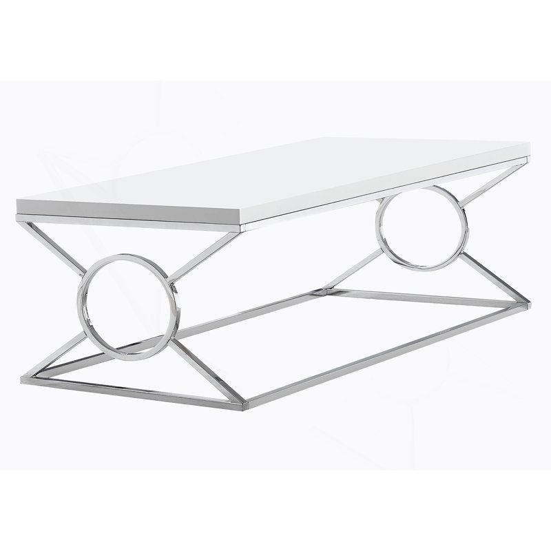 Table basse, décorative, cocktail, rectangulaire, stratifié blanc brillant, métal chromé