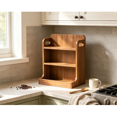 Solid Wood 3-Tier Spice Rack Countertop Organizer with Full Backboard, Sturdy Kitchen Storage Shelf for Jars, Condiments, Bathroom Vanity, Coffee Bar, Desk Décor, Natural Walnut Finish