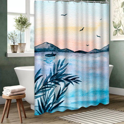 Watercolor Mountains Sunset Lake Shower Curtain with 12 Hooks