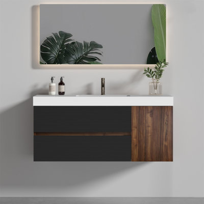 Meuble-lavabo de 48 po en noyer avec lavabo blanc brillant et tiroirs noirs doux, fixé au mur pour les salles de bain modernes