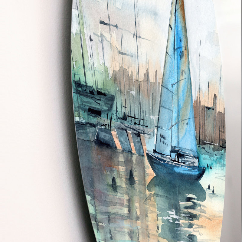 Un voilier dans une marina avec des voiliers - Art mural nautique et côtier en cercle, H 36 po x l 36 po