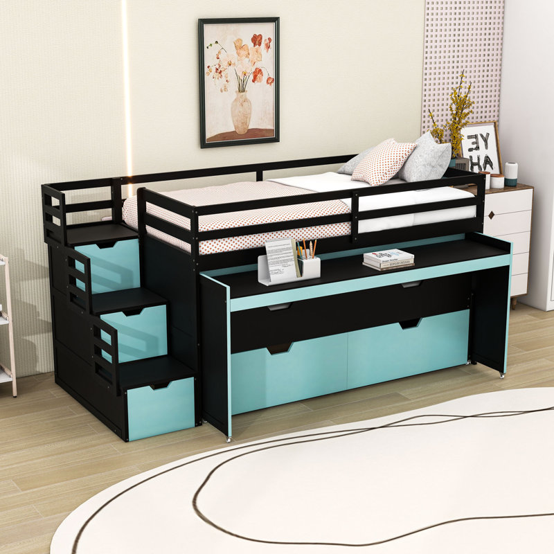 Lit mezzanine en bois 2 tiroirs avec lit gigogne simple et bureau coulissant, Extra Long Twin, Black Blue