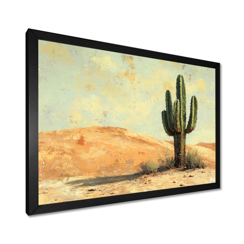 Minimalisme, cactus par les dunes I - art mural grand cactus, Noir, H 12 po x l 20 po, Avec cadre