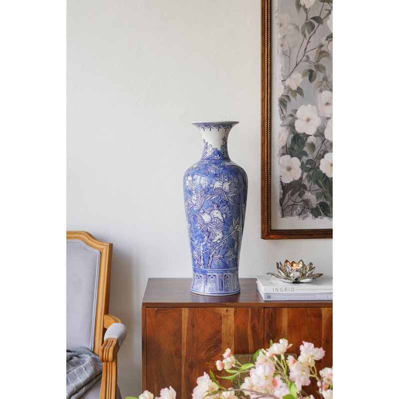 D9x24.5" Blue And White Porcelain Vase