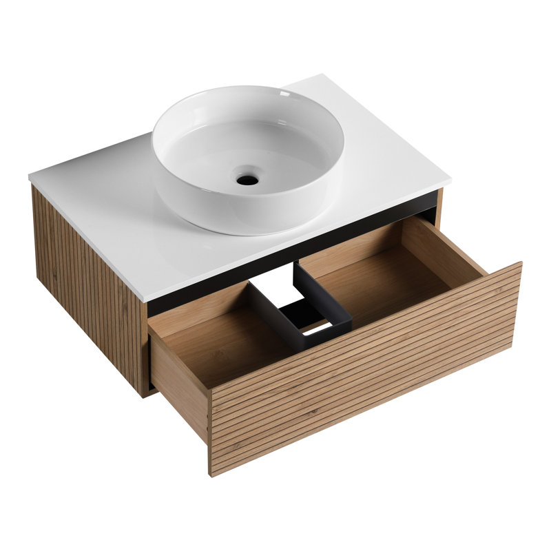 Meuble-lavabo de 30 po équipé d'un lavabo en céramique blanc, d'un tiroir lisse à fermeture en douceur, de rayures à la mode pour le milieu de l'été, d'une base à extension 2/3 à faible absorption d'eau et d'une conception silencieuse