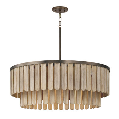 Luminaire suspendu 6 lumières en laiton foncé l 30 po x H 11 po avec bois de manguier fabriqué à la main et teinte gris nordique