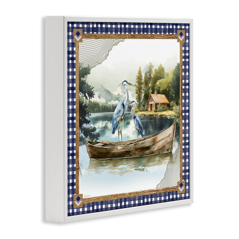 Herons on Boat with Tartan, giclée encadrée, design par Nicole DeCamp, H 12 po x l 12 po