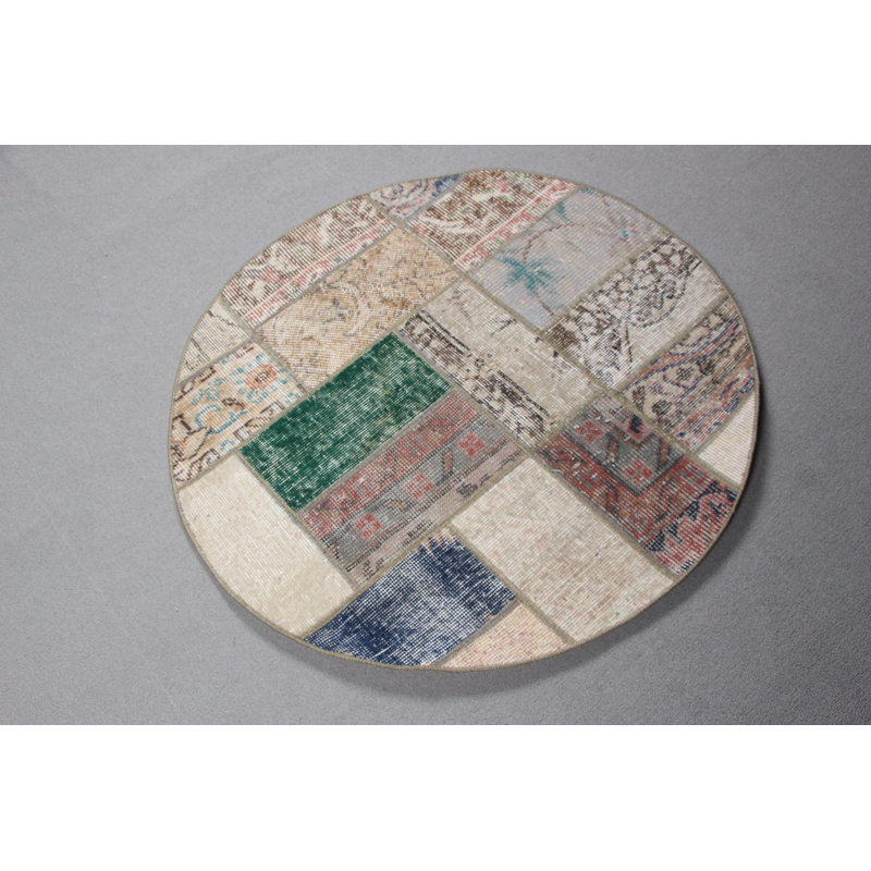 Tapis beige antique en patchwork de laine pour vestibule de style turc rond