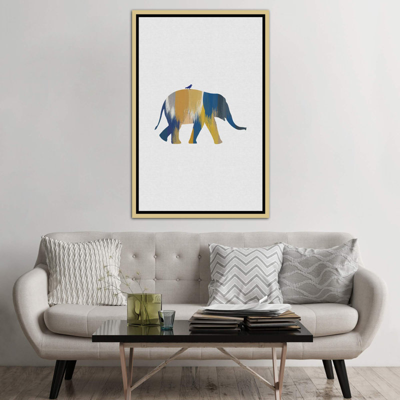 Éléphant bleu et jaune - impression d'art graphique, H 60 po x l 40po x P 1,5 po, Toile avec cadre or