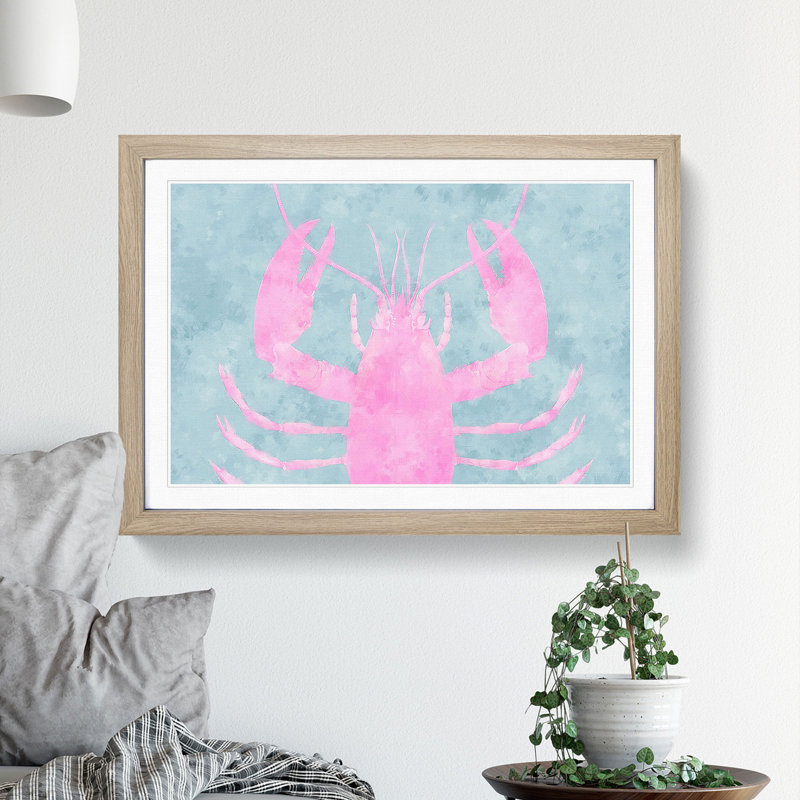 Pink and Duck Egg Blue Lobster 1 Piece Single Picture Frame Wall Art, 45cm H x 63cm W x 2cm D, Oak