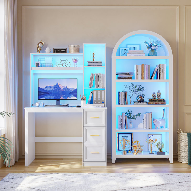 Ensemble de bureau intelligent 2 pièces avec éclairage et prises de courant, Blanc