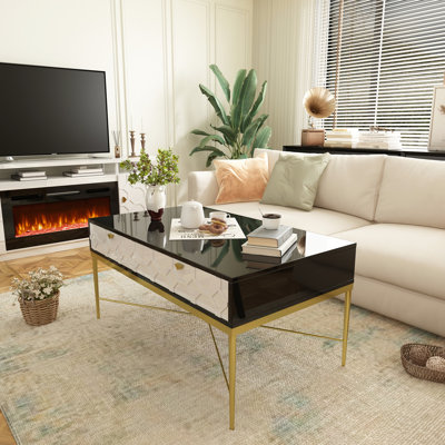 Élégante table basse noire et blanche, tiroirs pour articles de salon, peinture ultrabrillante, repose-pieds réglables, table de 28,72 po de largeur avec 2 tiroirs de rangement, maisons décoratives parfaites et polyvalentes