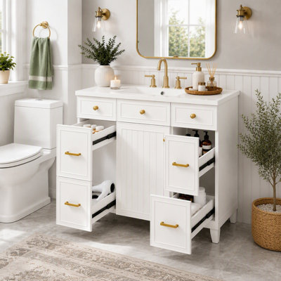 Meuble-lavabo 36 po avec lavabo en céramique, structure en bois massif, portes à fermeture en douceur, tablettes réglables, 3 tiroirs, y compris un tiroir à double profondeur pour le rangement du sèche-cheveux